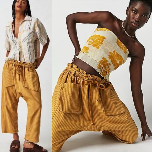 Free People Pants - Free People Runyon Oversized Stripe Pants Mustard Medium Harem Bohemian NEW